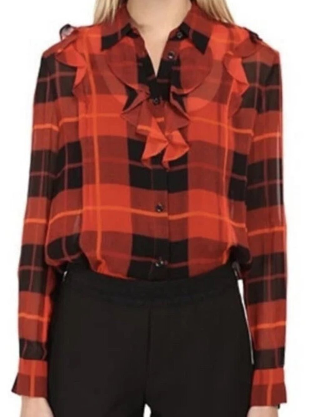 Kate Spade Red and Black Woodland Plaid 100% Silk Chiffon Blouse